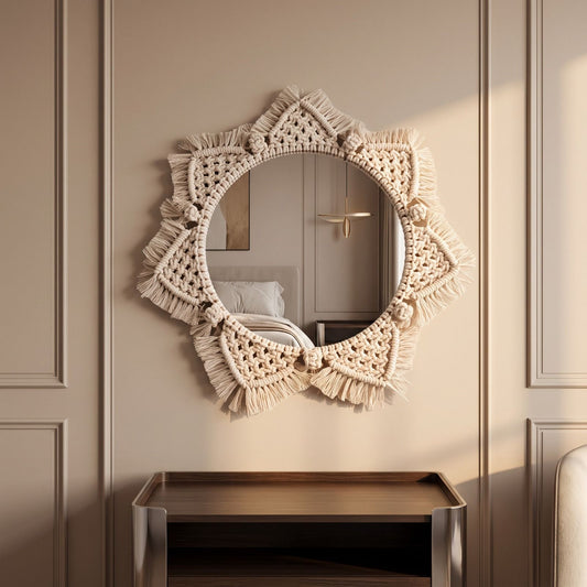 Handcrafted Macrame Mirror for Living Room & Bedroom – 35cm Aesthetic Wall Decor