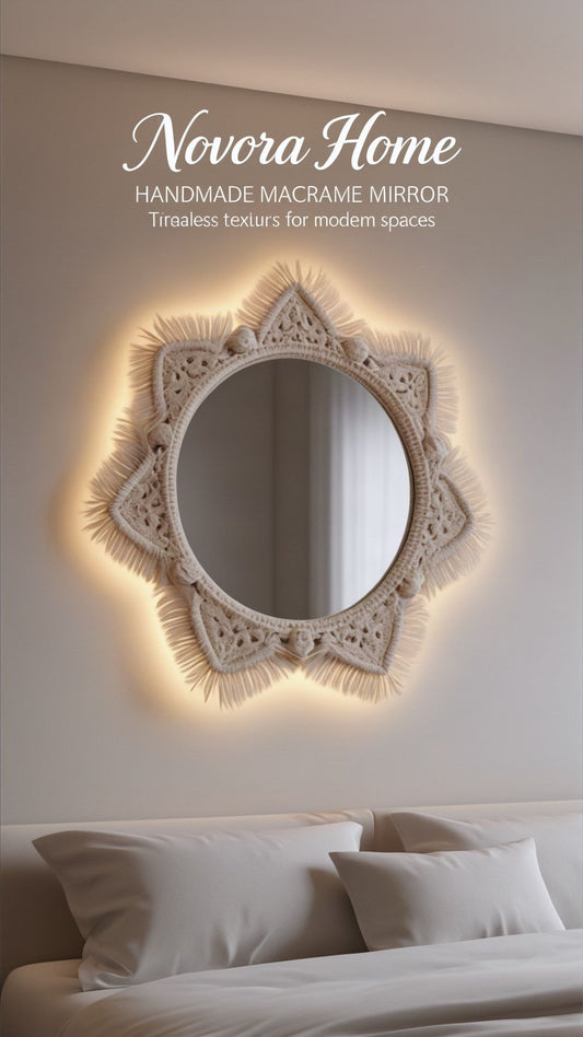 Handcrafted Macrame Mirror for Living Room & Bedroom – 35cm Aesthetic Wall Decor