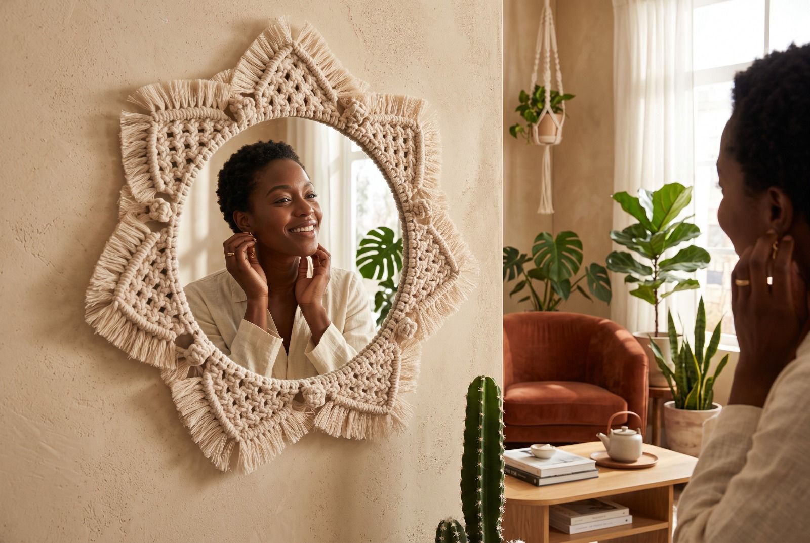 Handcrafted Macrame Mirror for Living Room & Bedroom – 35cm Aesthetic Wall Decor