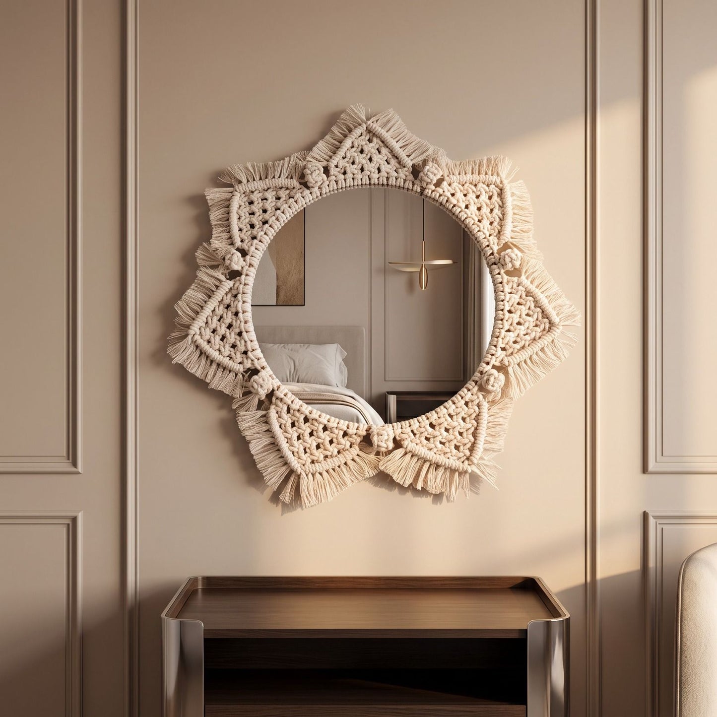 Handcrafted Macrame Mirror for Living Room & Bedroom – 35cm Aesthetic Wall Decor
