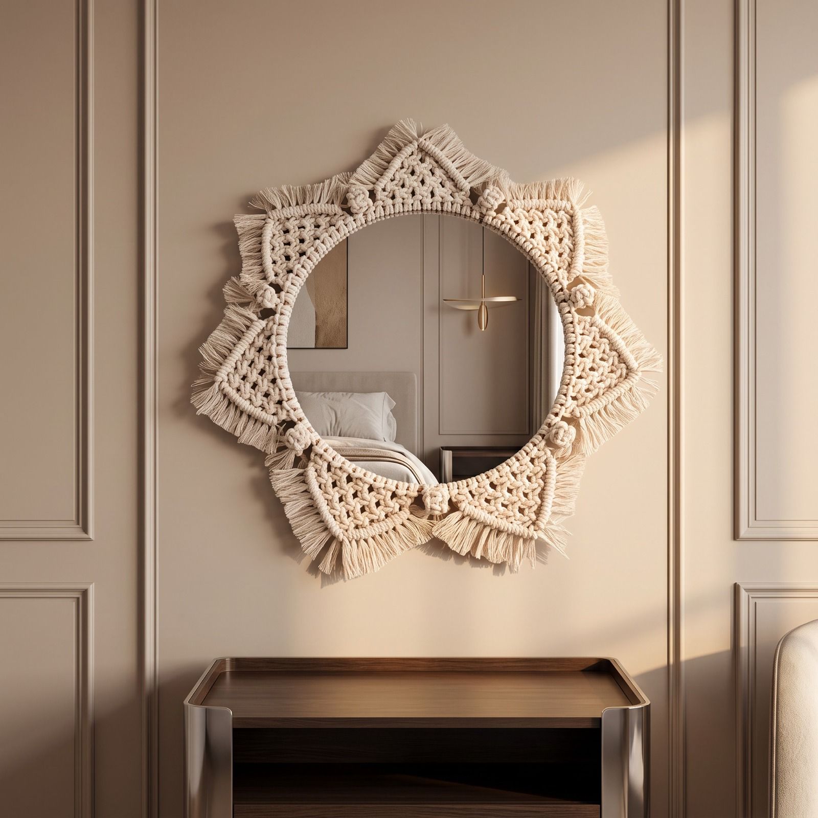 Handcrafted Macrame Mirror for Living Room & Bedroom – 35cm Aesthetic Wall Decor