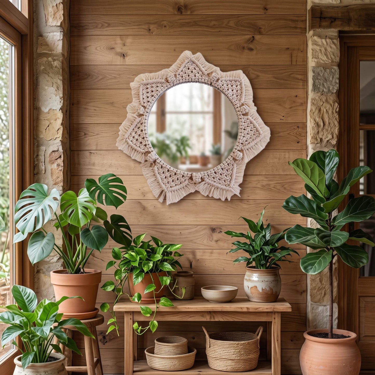 Handcrafted Macrame Mirror for Living Room & Bedroom – 35cm Aesthetic Wall Decor