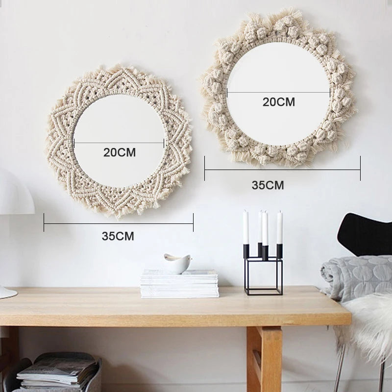 Handcrafted Macrame Mirror for Living Room & Bedroom – 35cm Aesthetic Wall Decor